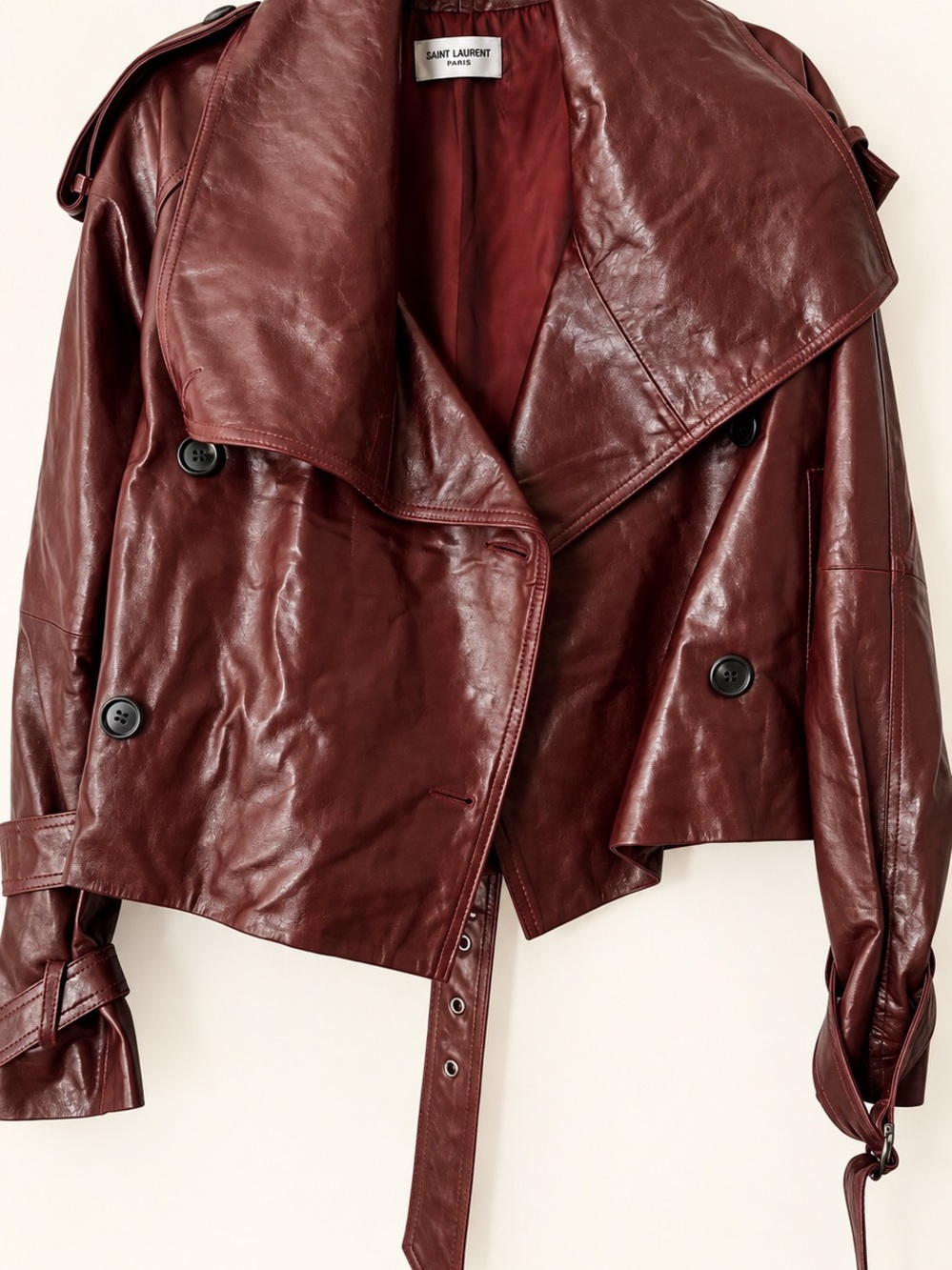 Saint Laurent Burgundy Leather Double-Breasted Trench Jacket